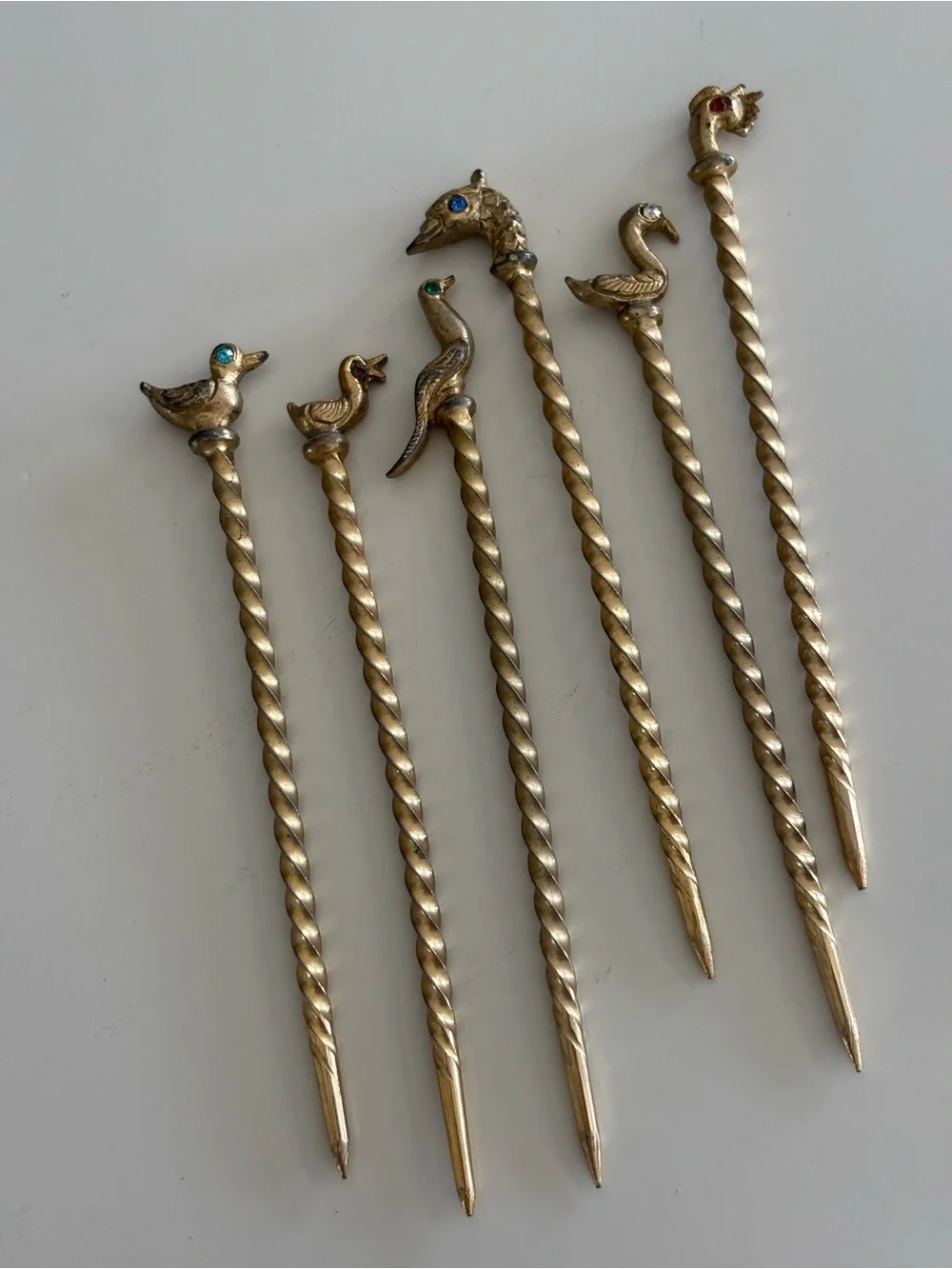 Vintage Mid-century Modern Gold Tone Metal Bird Cocktail Picks Set of 6